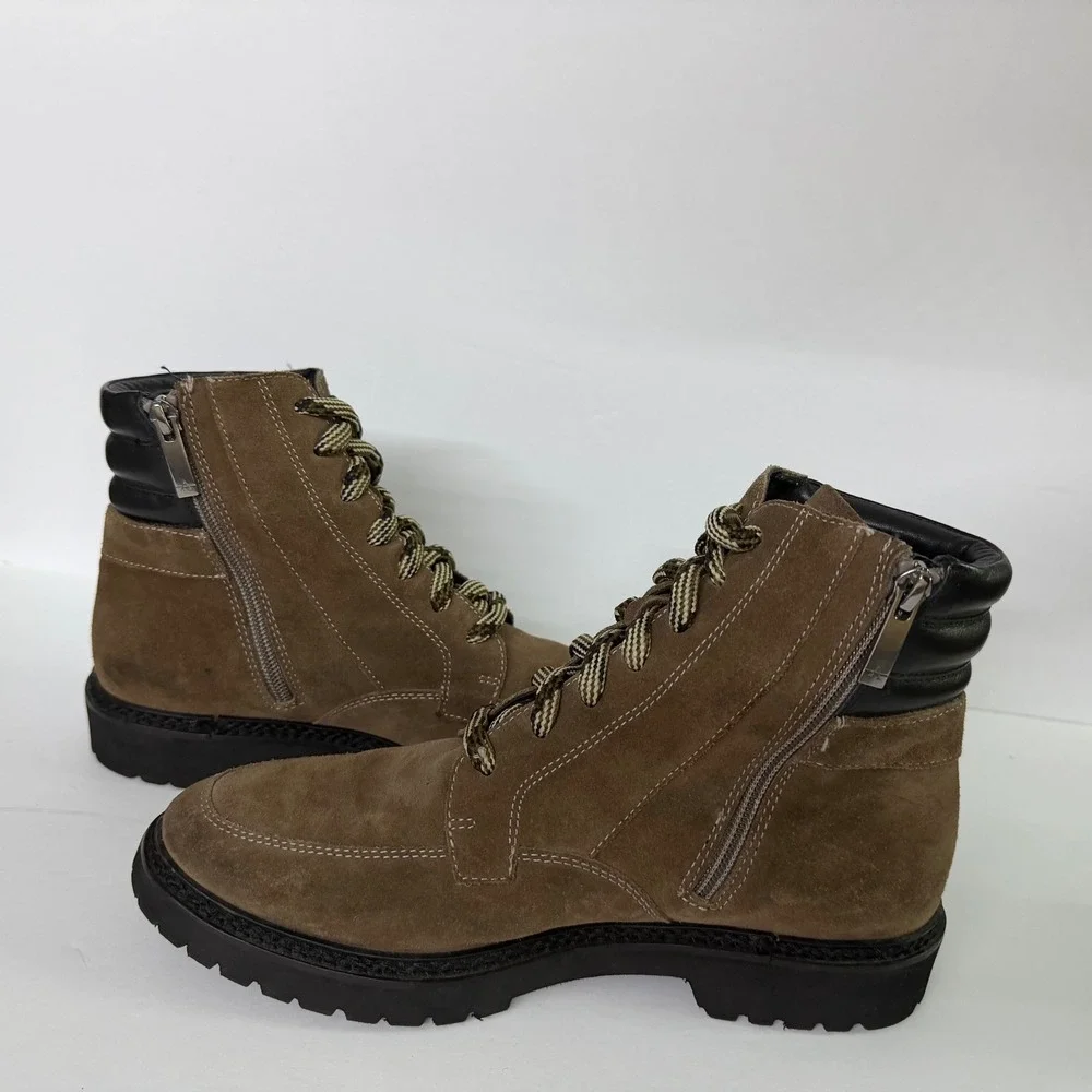 Aquatalia Mayra Brown Suede Combat Boots Made in Italy Side Zip Lug Sole 9.5